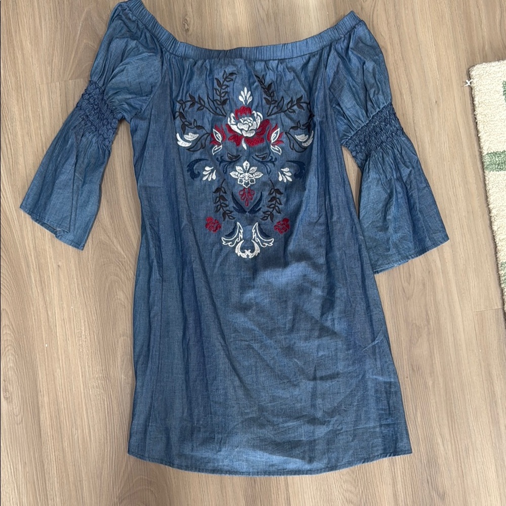 Francesca's Blue Off-Shoulder Dress with Floral Embroidery